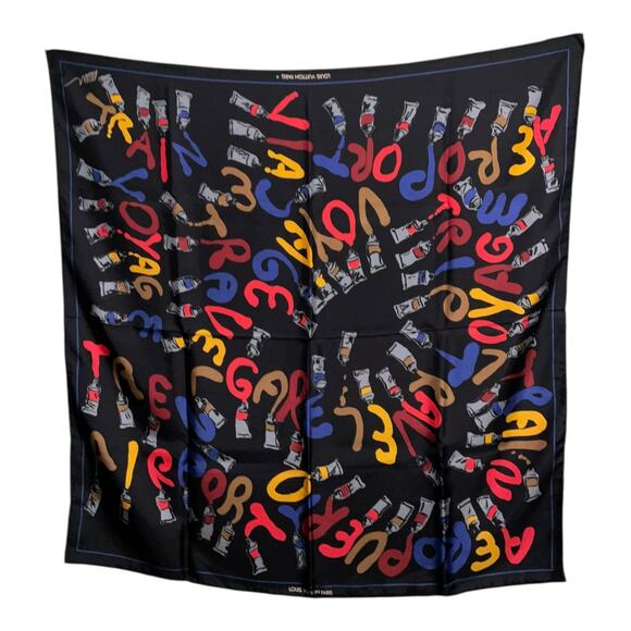 Louis Vuitton 33” Silk Scarf Paint Pattern Black W/Box LV Paint Tube Scarf - Picture 2 of 16